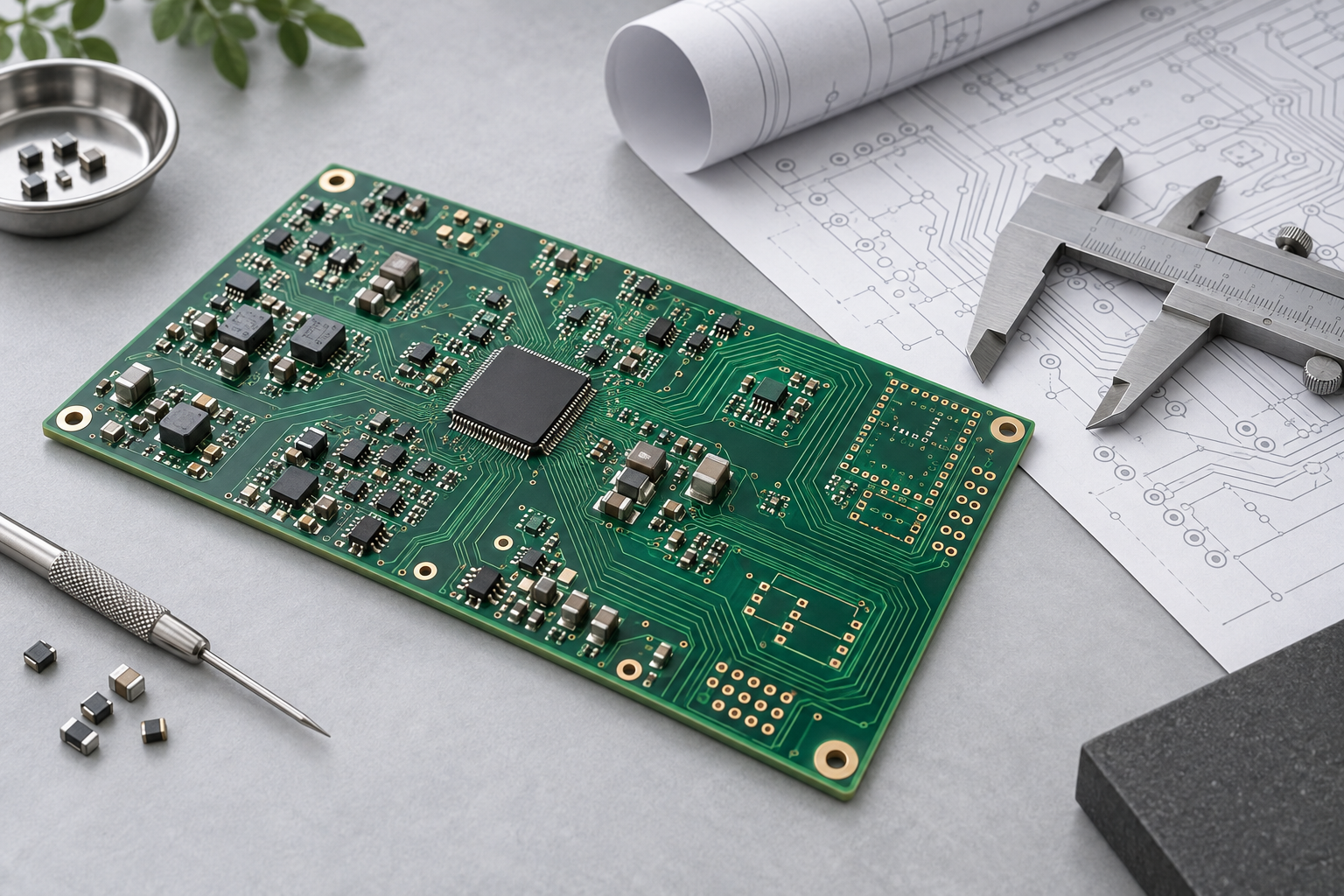 Illustrative PCB layout with fabrication drawing and precision caliper